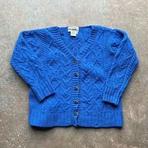 Aran Crafts Blue 100% Merino Wool Cable Knit Fisherman Cardigan Sweater Size M